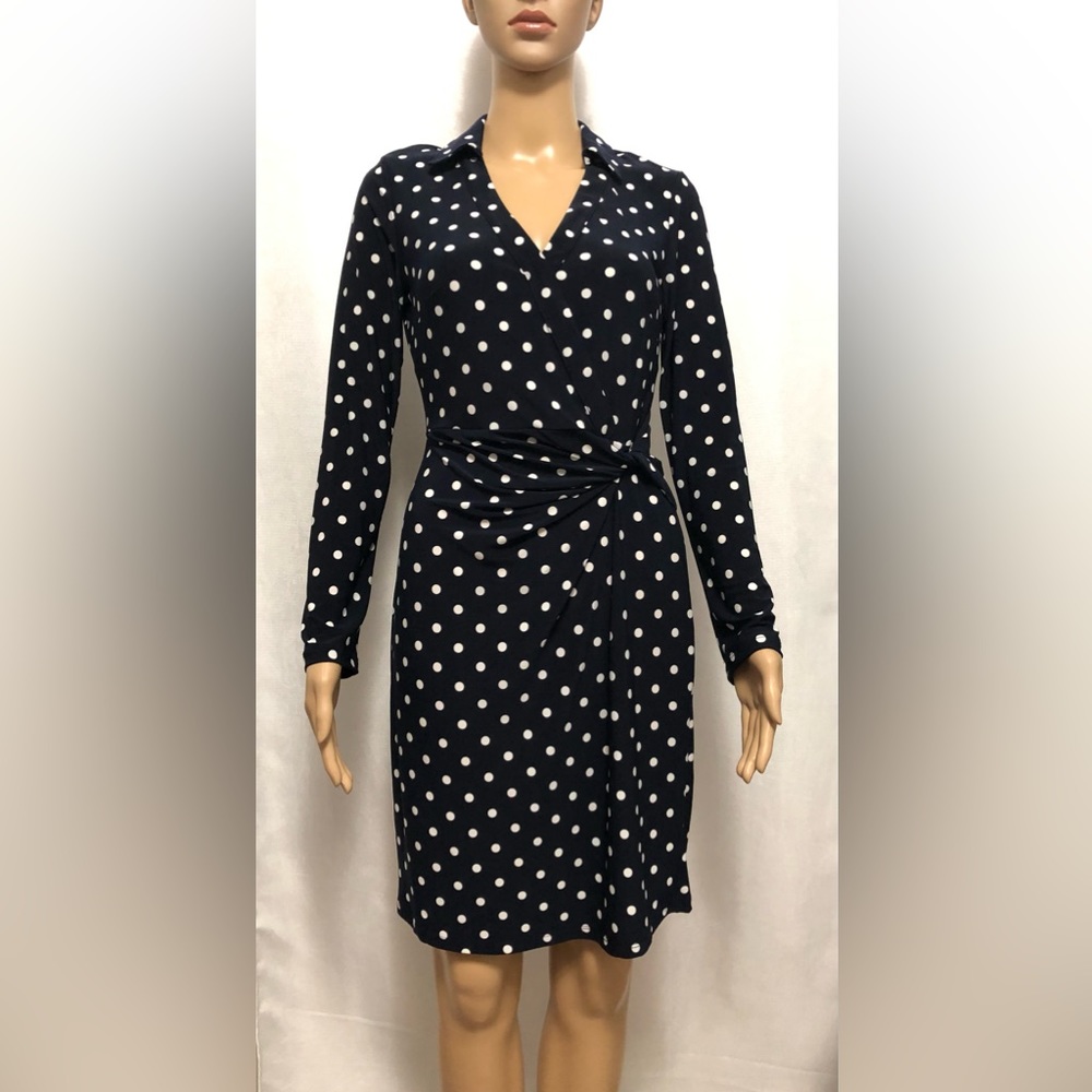 Tommy Hilfiger polka dot twist waist midi dress with side zipper.